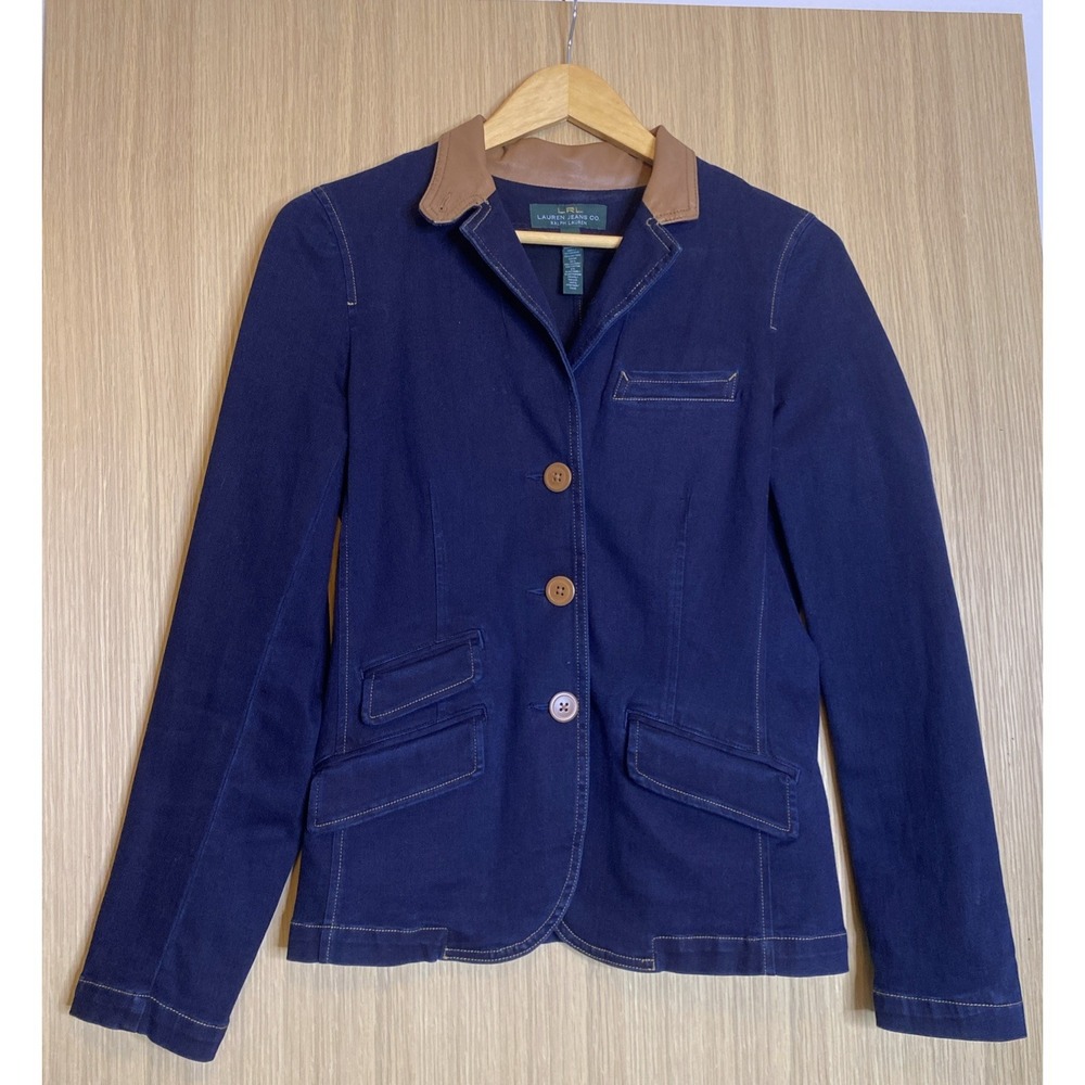 Ralph Lauren Jean Co LRL Blazer Jean Jacket Womens 8 With Leather Collar Vintage
